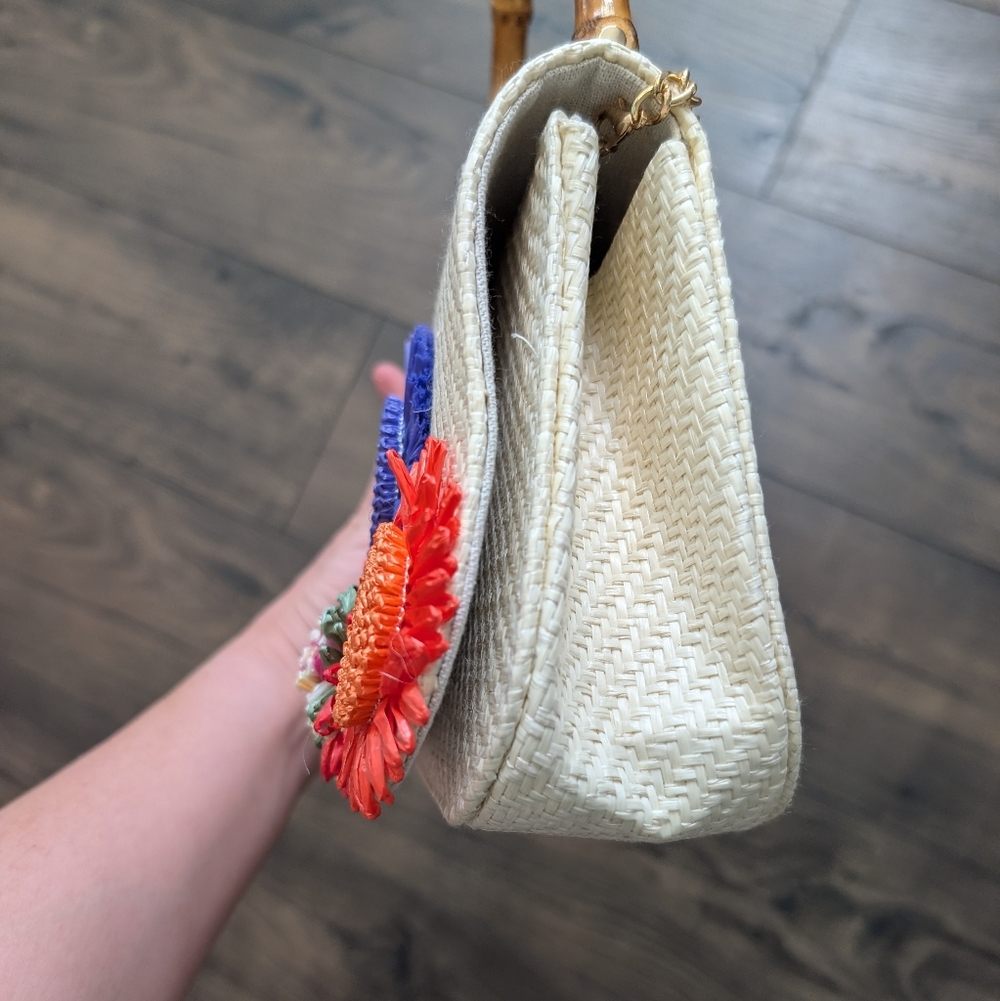 Haute Hippie White Woven Top-Handle Bag with Pink, Blue & Red Floral Appliqués - Picture 9 of 11